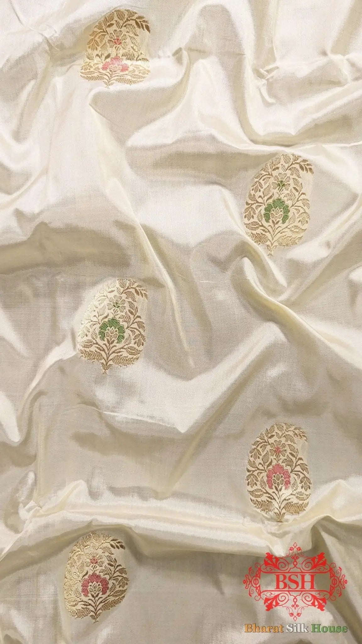 Pure Banarasi Handloom Katan Silk Meenakari Antique Zari Saree In Shades Of White - Bharat Silk House Pure Kataan Silk