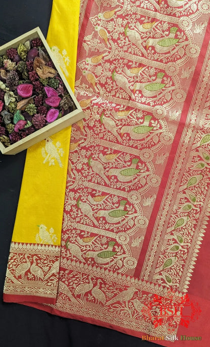 Pure Banarasi Handloom Katan Silk Meenakari Antique Zari Saree In Shades Of Yellow - Bharat Silk House Pure Kataan Silk