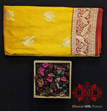Pure Banarasi Handloom Katan Silk Meenakari Antique Zari Saree In Shades Of Yellow - Bharat Silk House Pure Kataan Silk