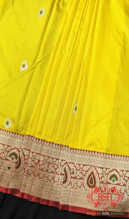 Pure Banarasi Handloom Katan Silk Meenakari Antique Zari Saree In Shades Of Yellow - Bharat Silk House Pure Kataan Silk