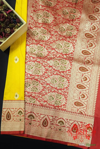 Pure Banarasi Handloom Katan Silk Meenakari Antique Zari Saree In Shades Of Yellow - Bharat Silk House Pure Kataan Silk
