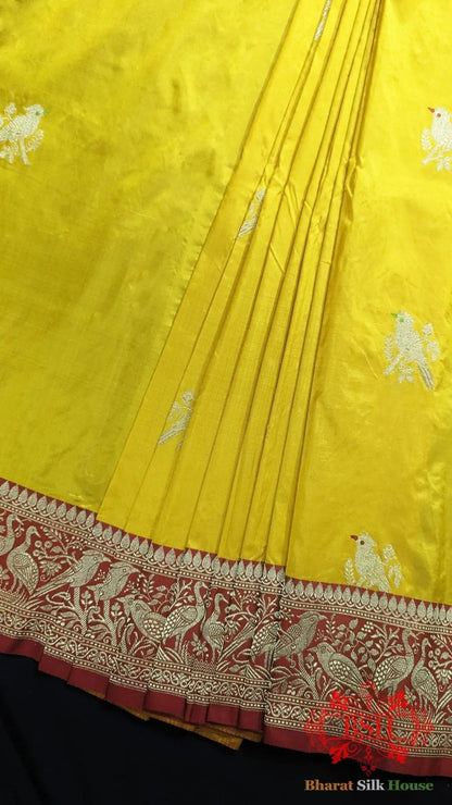 Pure Banarasi Handloom Katan Silk Meenakari Antique Zari Saree In Shades Of Yellow - Bharat Silk House Pure Kataan Silk
