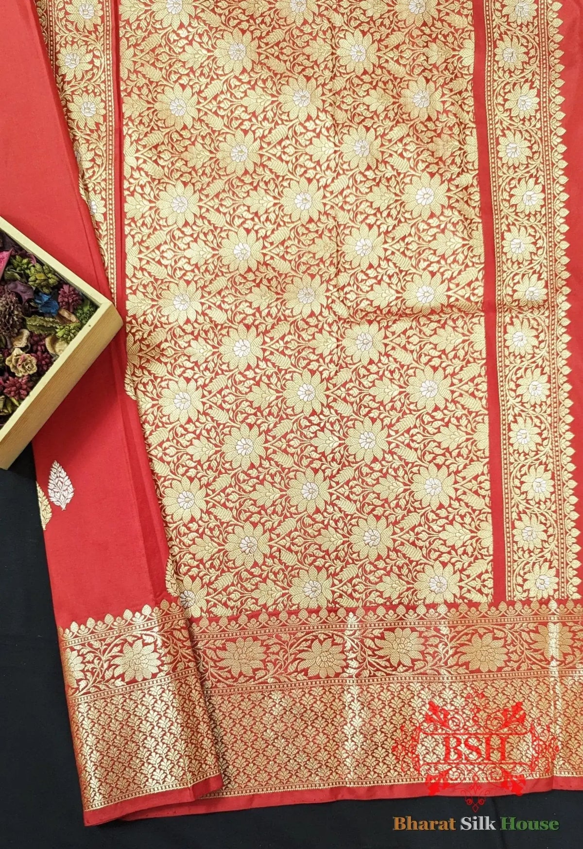 Pure Banarasi Handloom Katan Silk Meenkari Antique Zari Saree In Shades Of Red - Bharat Silk House Pure Kataan Silk