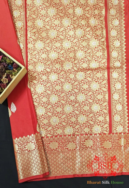 Pure Banarasi Handloom Katan Silk Meenkari Antique Zari Saree In Shades Of Red - Bharat Silk House Pure Kataan Silk
