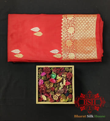 Pure Banarasi Handloom Katan Silk Meenkari Antique Zari Saree In Shades Of Red - Bharat Silk House Pure Kataan Silk
