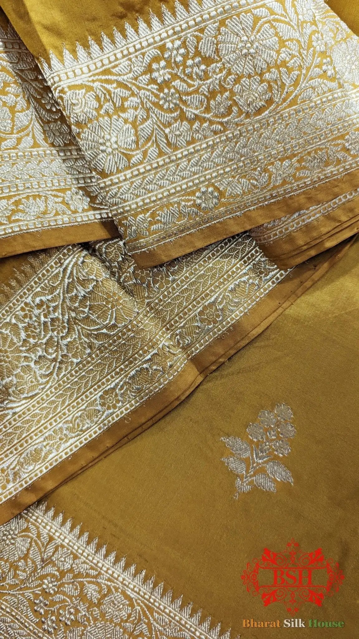 Pure Banarasi Handloom Katan Silk Saree Antique Zari In Shades Of Yellow - Bharat Silk House Pure Kataan Silk