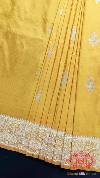 Pure Banarasi Handloom Katan Silk Saree Antique Zari In Shades Of Yellow - Bharat Silk House Pure Kataan Silk