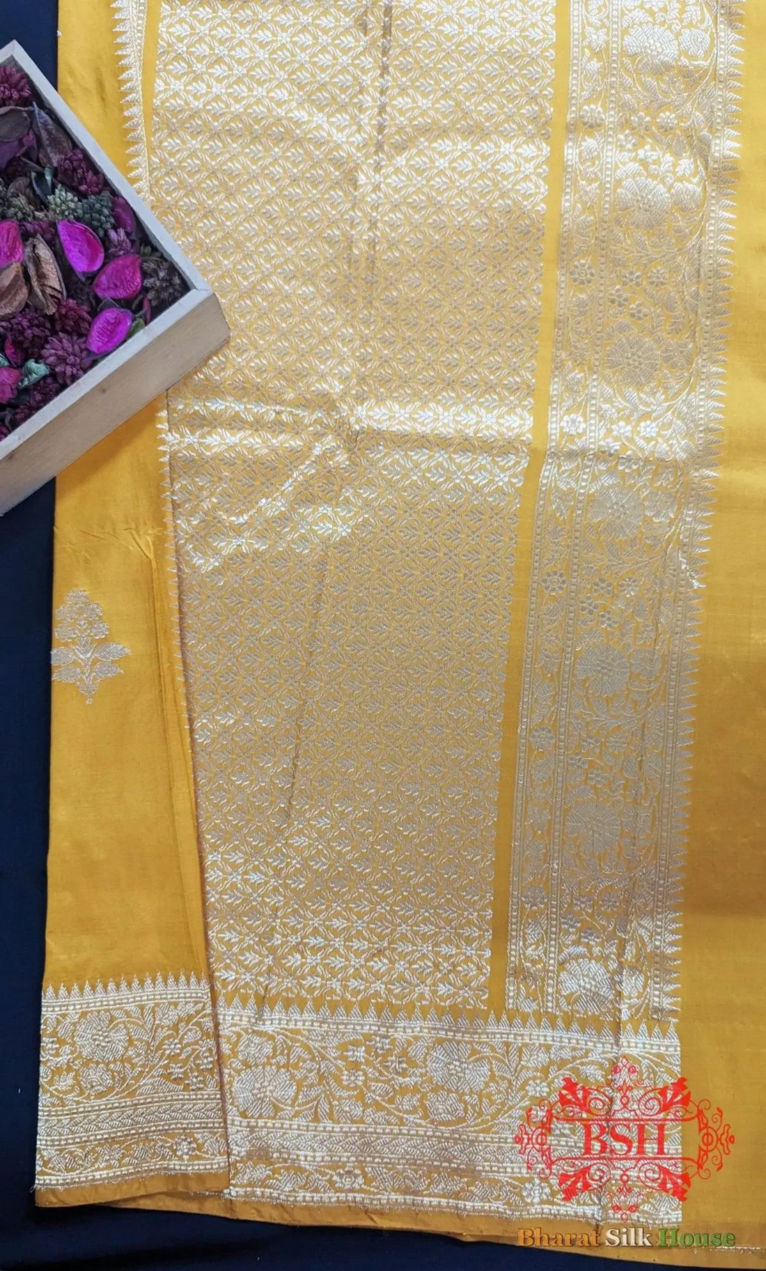 Pure Banarasi Handloom Katan Silk Saree Antique Zari In Shades Of Yellow - Bharat Silk House Pure Kataan Silk