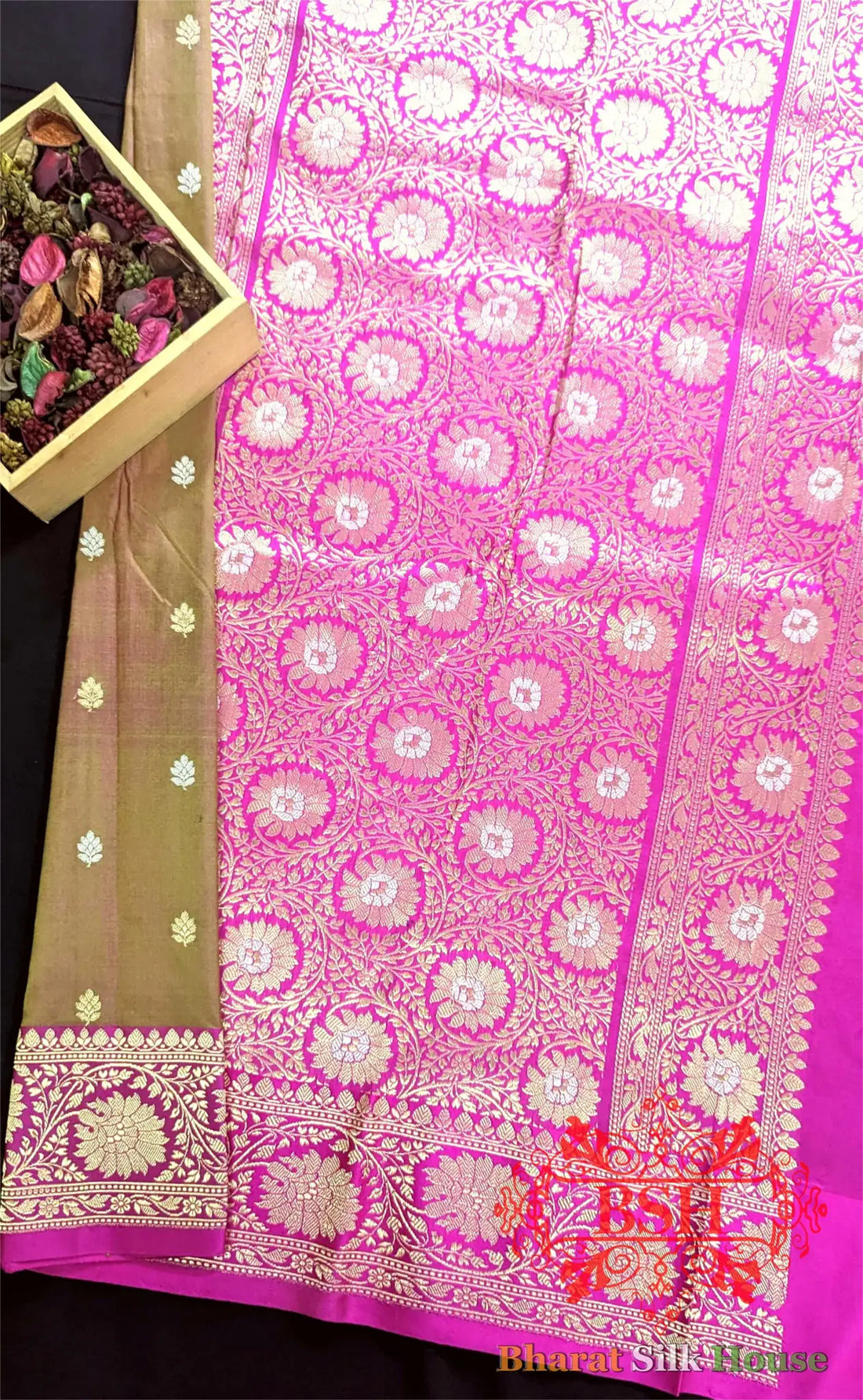 Pure Banarasi Handloom Silk Meenakari Antique Zari Saree In Shades Of Cross Green Color/Rani - Bharat Silk House Pure Kataan Silk