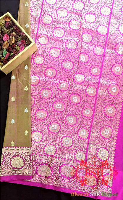 Pure Banarasi Handloom Silk Meenakari Antique Zari Saree In Shades Of Cross Green Color/Rani - Bharat Silk House Pure Kataan Silk