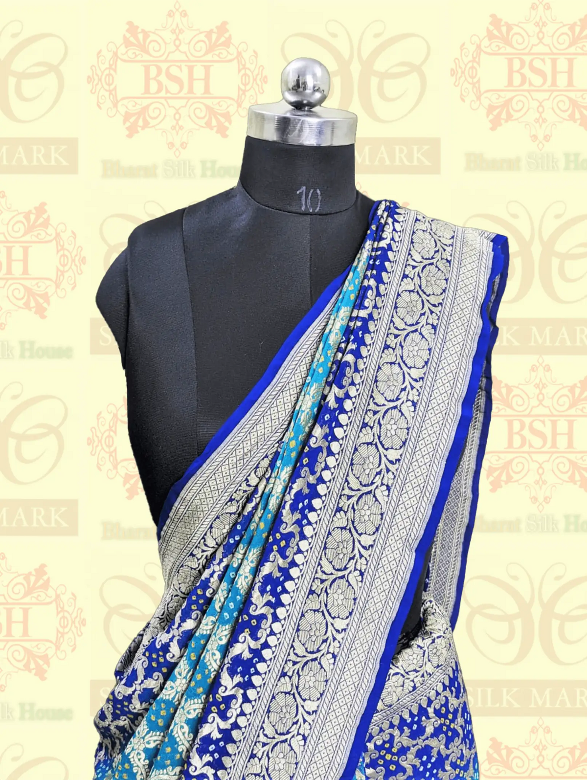 Pure Banarasi Khaddi Georgette Bandhej Saree In Shades Of Rama Royal Blue - Bharat Silk House Bandhej