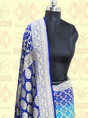 Pure Banarasi Khaddi Georgette Bandhej Saree In Shades Of Rama Royal Blue - Bharat Silk House Bandhej