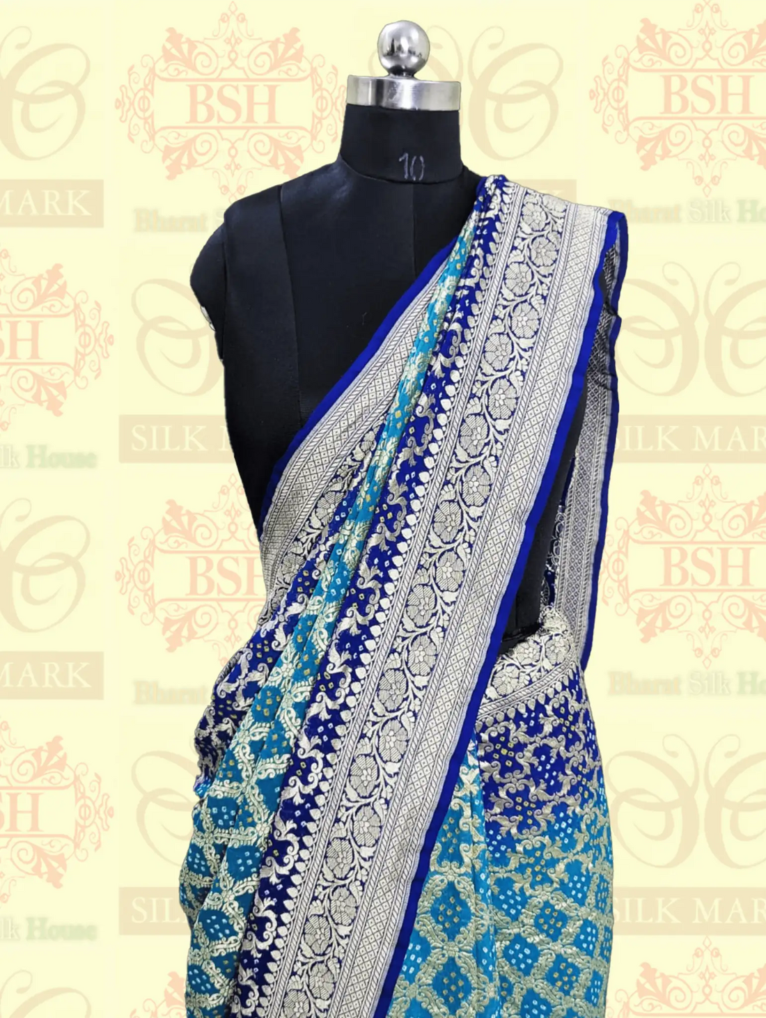 Pure Banarasi Khaddi Georgette Bandhej Saree In Shades Of Rama Royal Blue - Bharat Silk House Bandhej