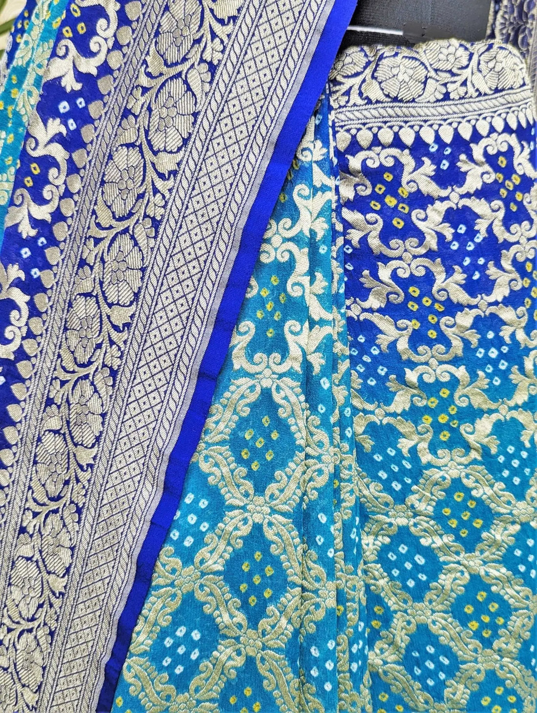 Pure Banarasi Khaddi Georgette Bandhej Saree In Shades Of Rama Royal Blue - Bharat Silk House Bandhej