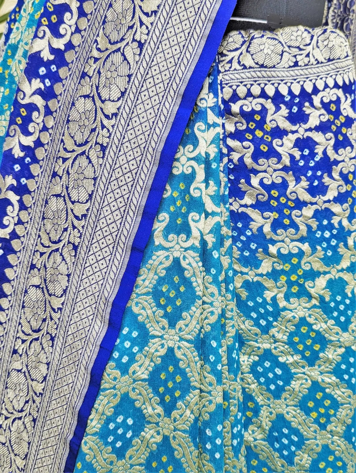 Pure Banarasi Khaddi Georgette Bandhej Saree In Shades Of Rama Royal Blue - Bharat Silk House Bandhej