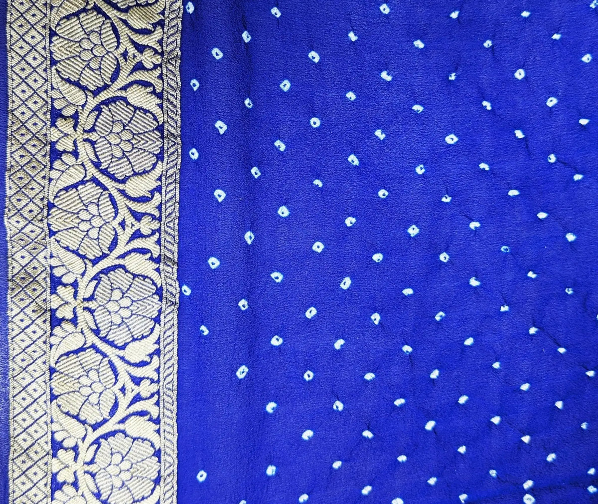 Pure Banarasi Khaddi Georgette Bandhej Saree In Shades Of Rama Royal Blue - Bharat Silk House Bandhej