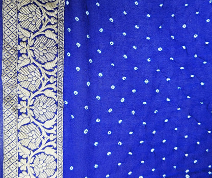 Pure Banarasi Khaddi Georgette Bandhej Saree In Shades Of Rama Royal Blue - Bharat Silk House Bandhej