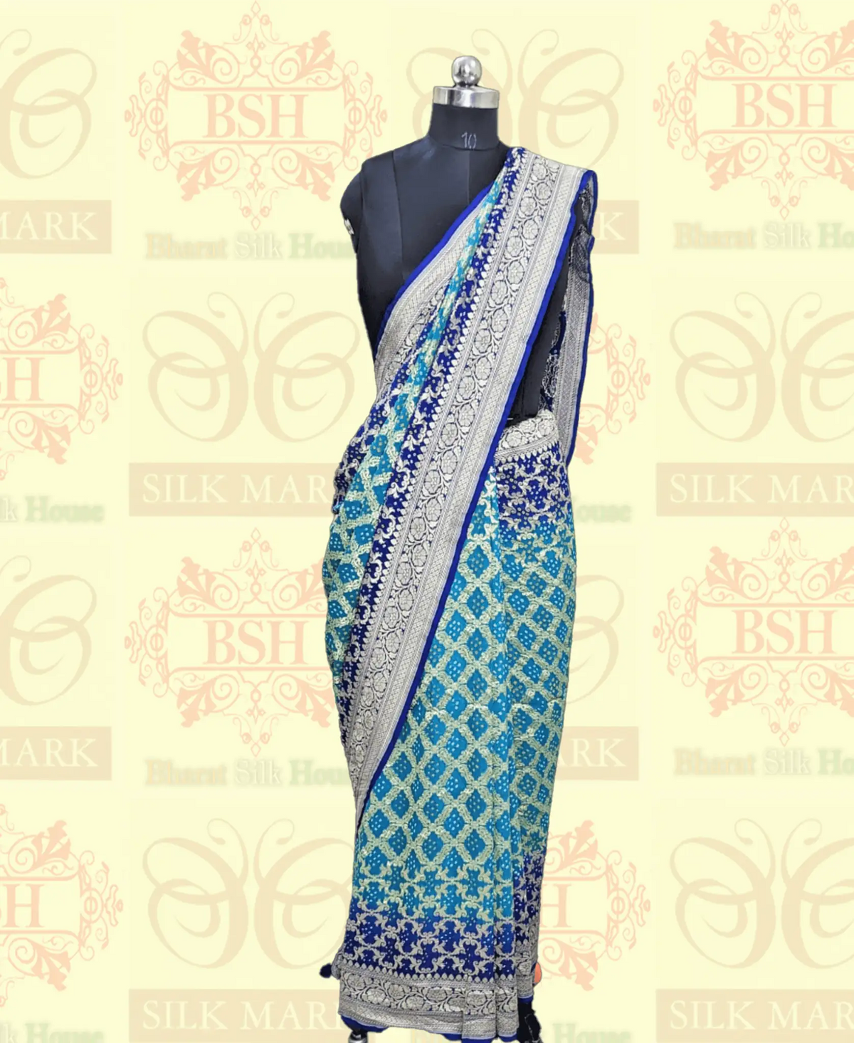 Pure Banarasi Khaddi Georgette Bandhej Saree In Shades Of Rama Royal Blue - Bharat Silk House Bandhej