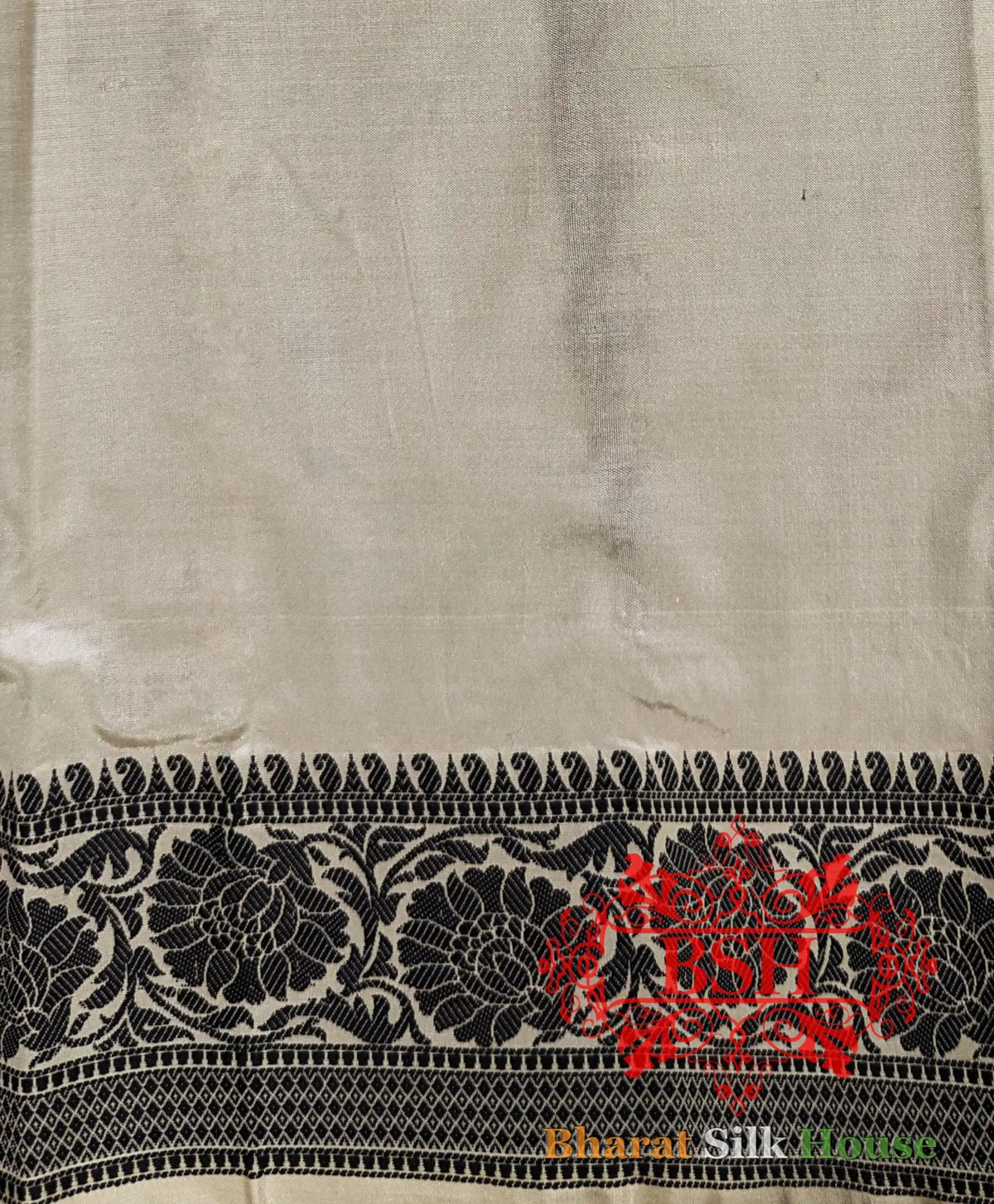 Pure Banrasi Handloom Katan Silk Antique Zari Saree In Shades Of Beige With Black Border - Bharat Silk House Pure Kataan Silk