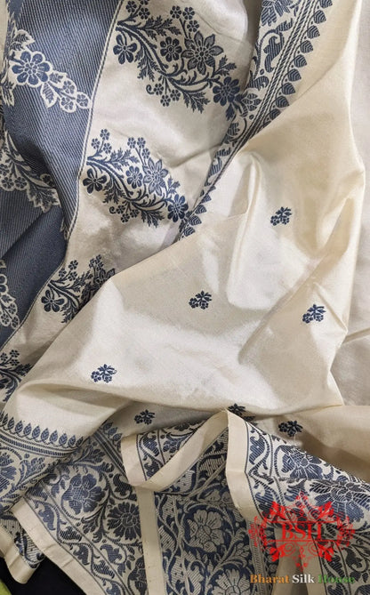Pure Banrasi Handloom Katan Silk Antique Zari Saree In Shades Of Beige With Grey Border - Bharat Silk House Pure Kataan Silk