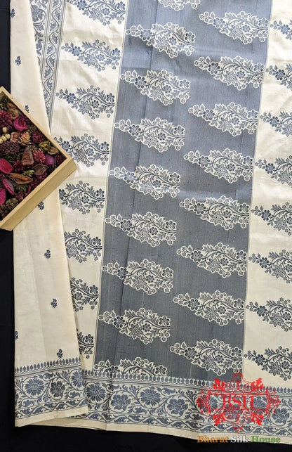 Pure Banrasi Handloom Katan Silk Antique Zari Saree In Shades Of Beige With Grey Border - Bharat Silk House Pure Kataan Silk