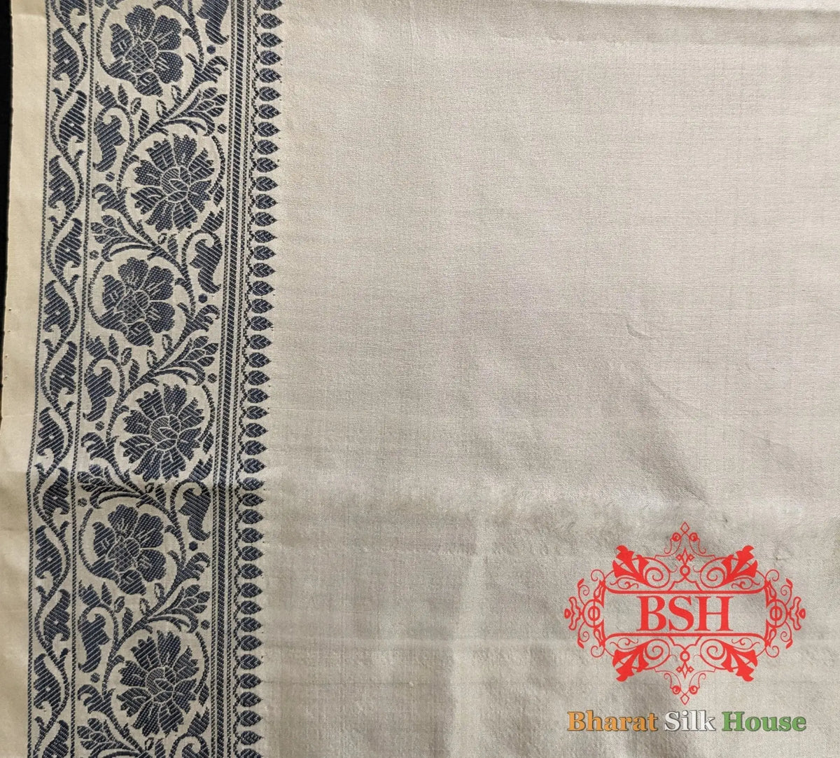 Pure Banrasi Handloom Katan Silk Antique Zari Saree In Shades Of Beige With Grey Border - Bharat Silk House Pure Kataan Silk