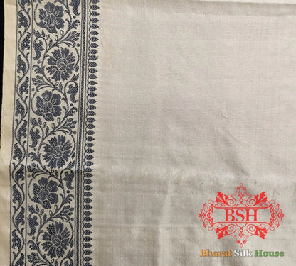Pure Banrasi Handloom Katan Silk Antique Zari Saree In Shades Of Beige With Grey Border - Bharat Silk House Pure Kataan Silk