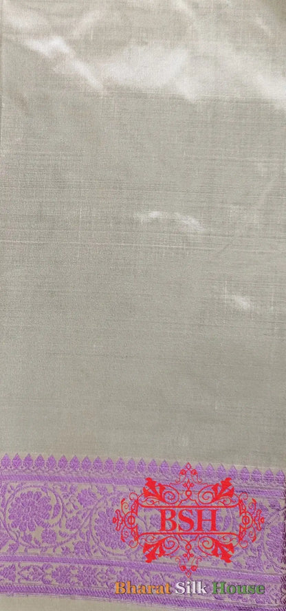 Pure Banrasi Handloom Katan Silk Antique Zari Saree In Shades Of Beige With Lavender Border - Bharat Silk House Pure Kataan Silk