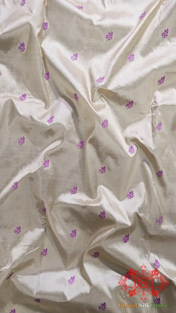 Pure Banrasi Handloom Katan Silk Antique Zari Saree In Shades Of Beige With Lavender Border - Bharat Silk House Pure Kataan Silk