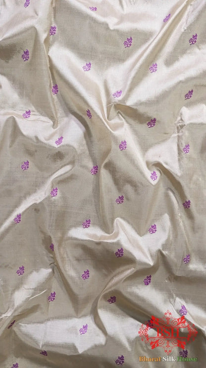 Pure Banrasi Handloom Katan Silk Antique Zari Saree In Shades Of Beige With Lavender Border - Bharat Silk House Pure Kataan Silk
