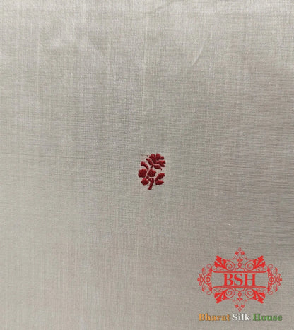 Pure Banrasi Handloom Katan Silk Antique Zari Saree In Shades Of Beige With Red Border - Bharat Silk House Pure Kataan Silk