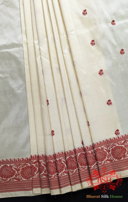 Pure Banrasi Handloom Katan Silk Antique Zari Saree In Shades Of Beige With Red Border - Bharat Silk House Pure Kataan Silk