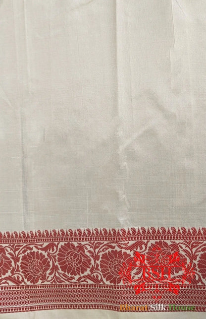 Pure Banrasi Handloom Katan Silk Antique Zari Saree In Shades Of Beige With Red Border - Bharat Silk House Pure Kataan Silk