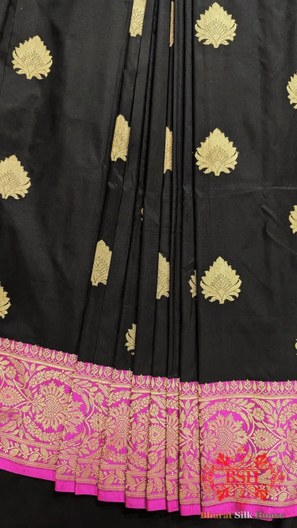Pure Banrasi Handloom Katan Silk Antique Zari Saree In Shades Of Black - Bharat Silk House Pure Kataan Silk