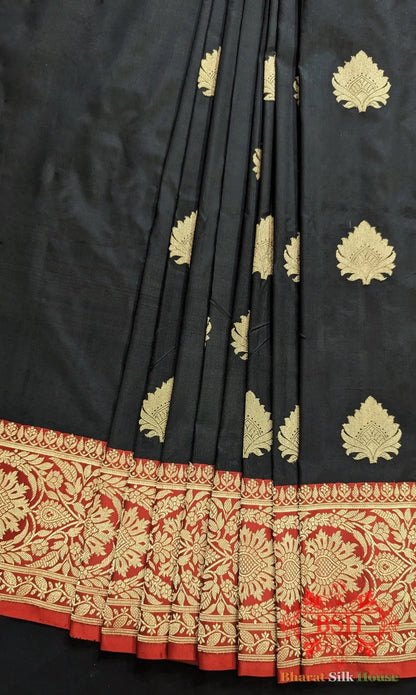 Pure Banrasi Handloom Katan Silk Antique Zari Saree In Shades Of Black - Bharat Silk House Pure Kataan Silk