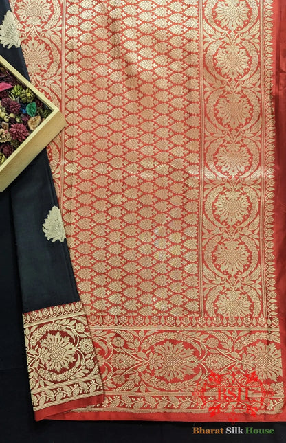 Pure Banrasi Handloom Katan Silk Antique Zari Saree In Shades Of Black - Bharat Silk House Pure Kataan Silk