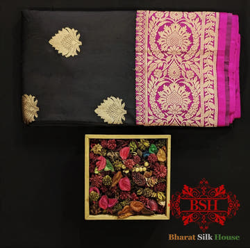Pure Banrasi Handloom Katan Silk Antique Zari Saree In Shades Of Black - Bharat Silk House Pure Kataan Silk