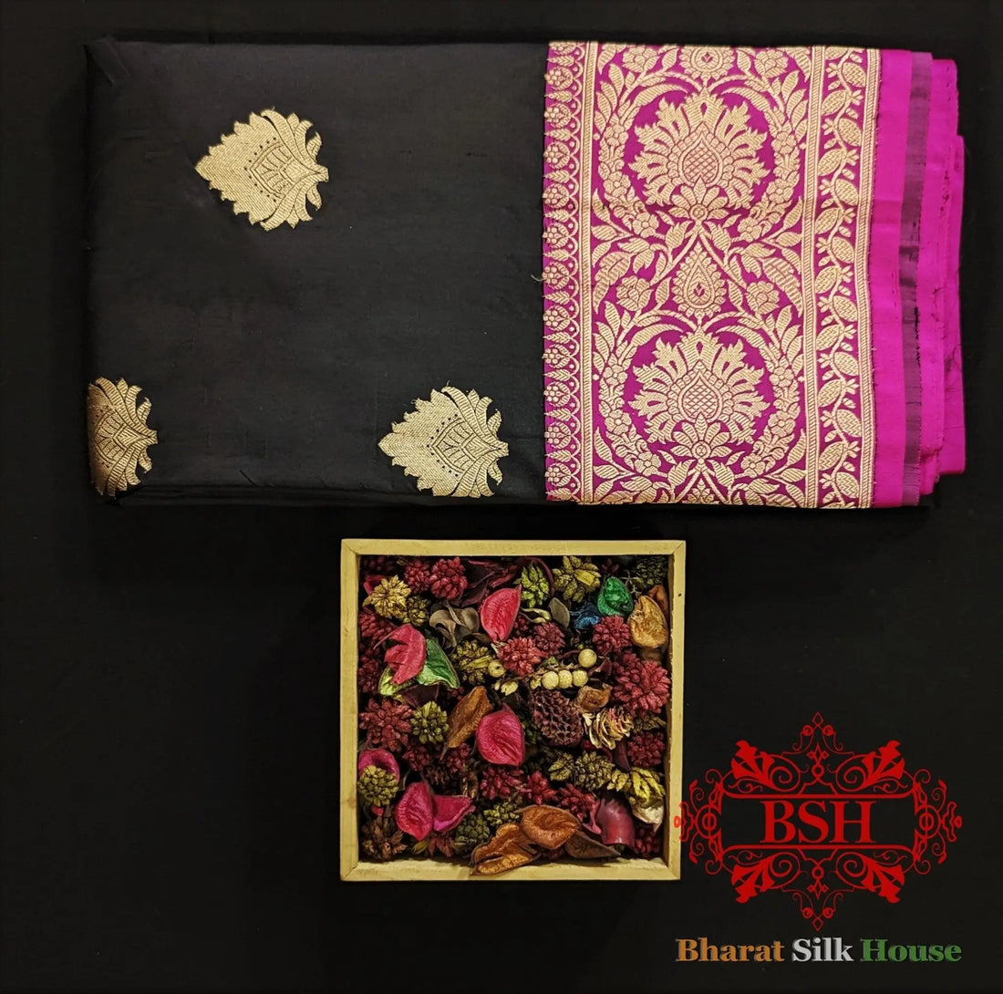 Pure Banrasi Handloom Katan Silk Antique Zari Saree In Shades Of Black - Bharat Silk House Pure Kataan Silk