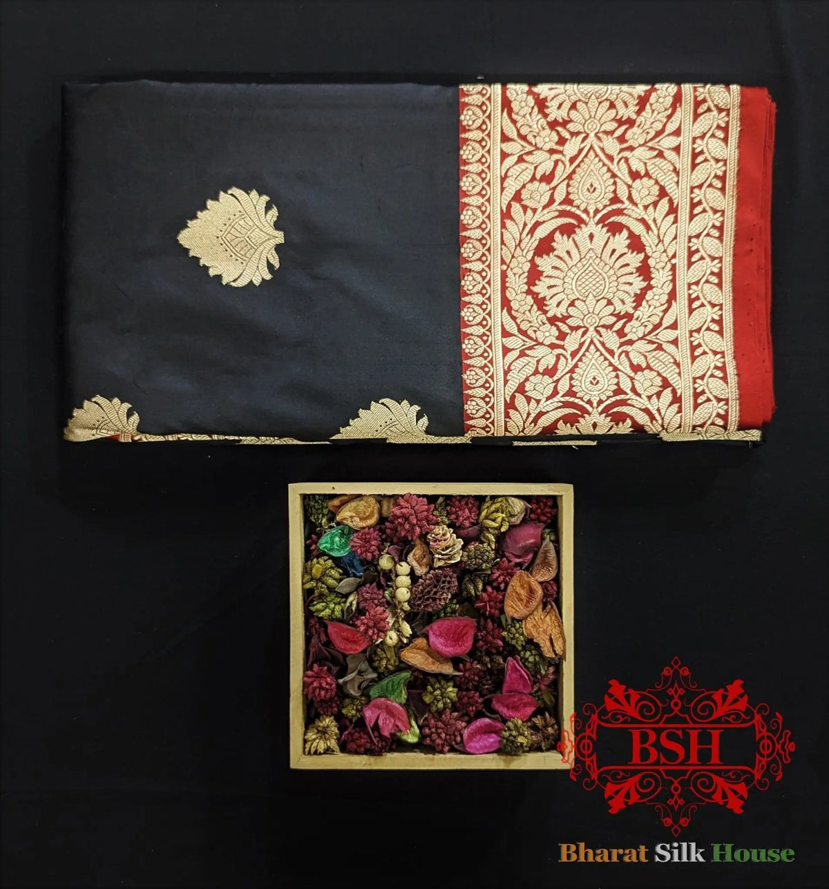 Pure Banrasi Handloom Katan Silk Antique Zari Saree In Shades Of Black - Bharat Silk House Pure Kataan Silk