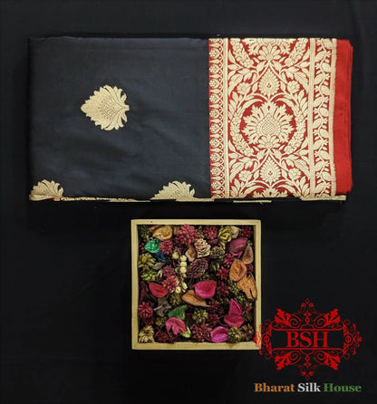 Pure Banrasi Handloom Katan Silk Antique Zari Saree In Shades Of Black - Bharat Silk House Pure Kataan Silk