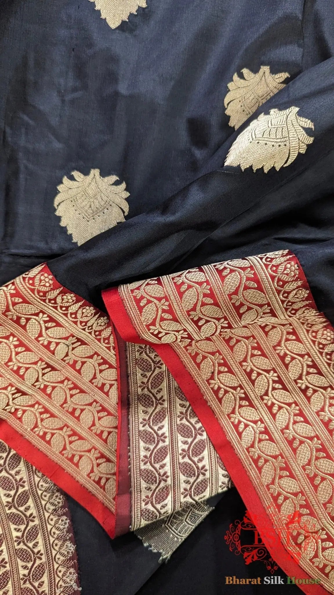 Pure Banrasi Handloom Katan Silk Antique Zari Saree In Shades Of Black - Bharat Silk House Pure Kataan Silk