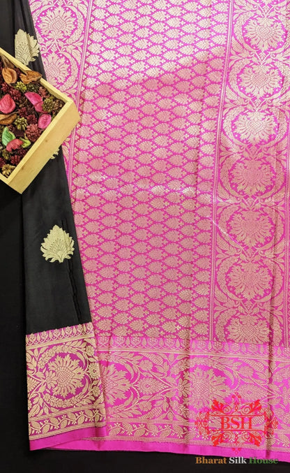 Pure Banrasi Handloom Katan Silk Antique Zari Saree In Shades Of Black - Bharat Silk House Pure Kataan Silk