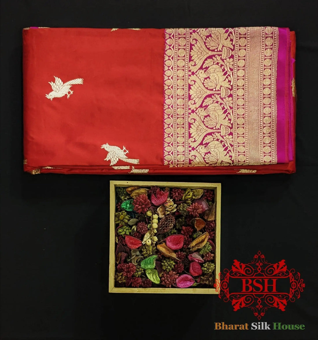 Pure Banrasi Handloom Katan Silk Antique Zari Saree In Shades Of Red - Bharat Silk House Pure Kataan Silk