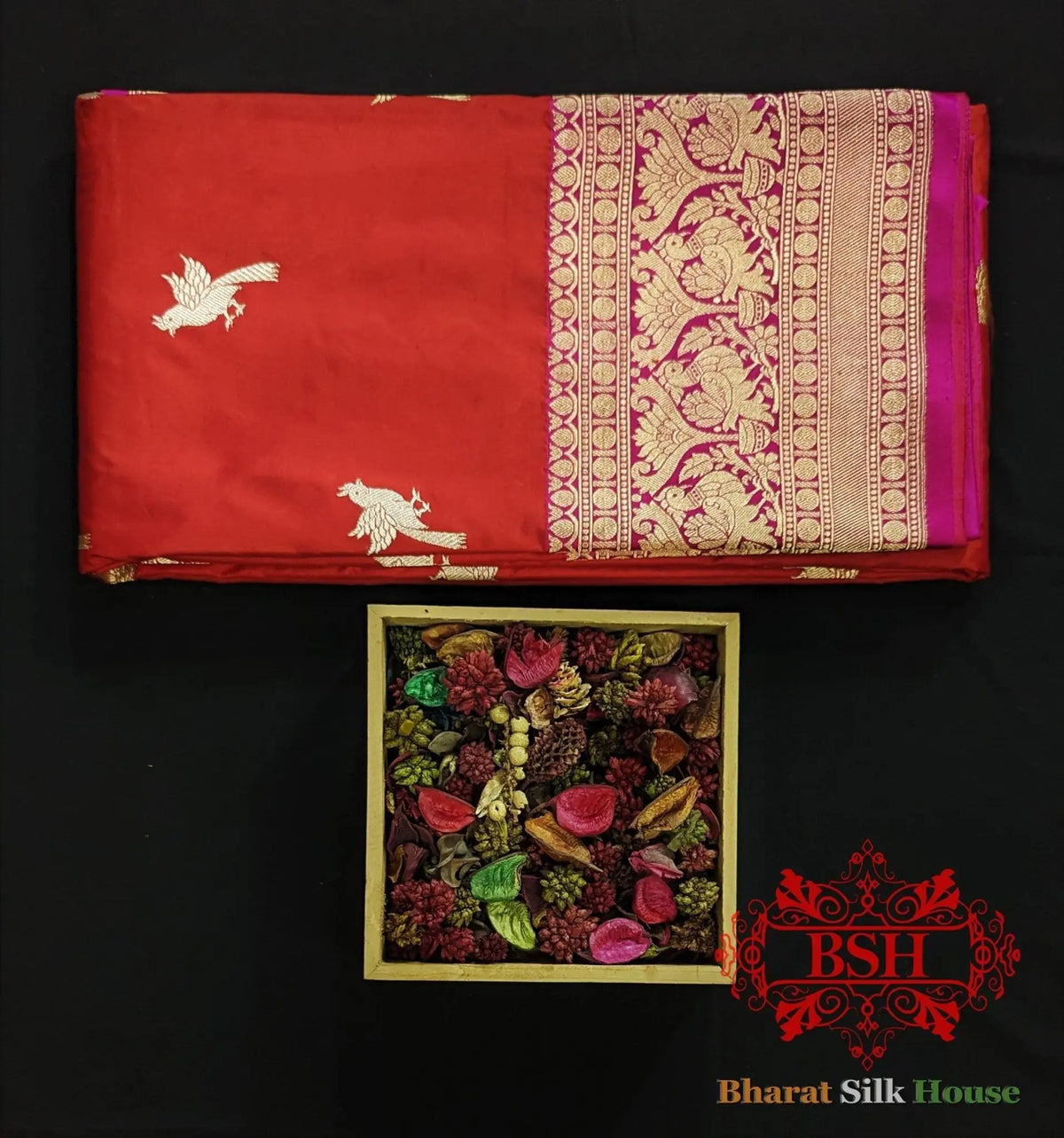 Pure Banrasi Handloom Katan Silk Antique Zari Saree In Shades Of Red - Bharat Silk House Pure Kataan Silk
