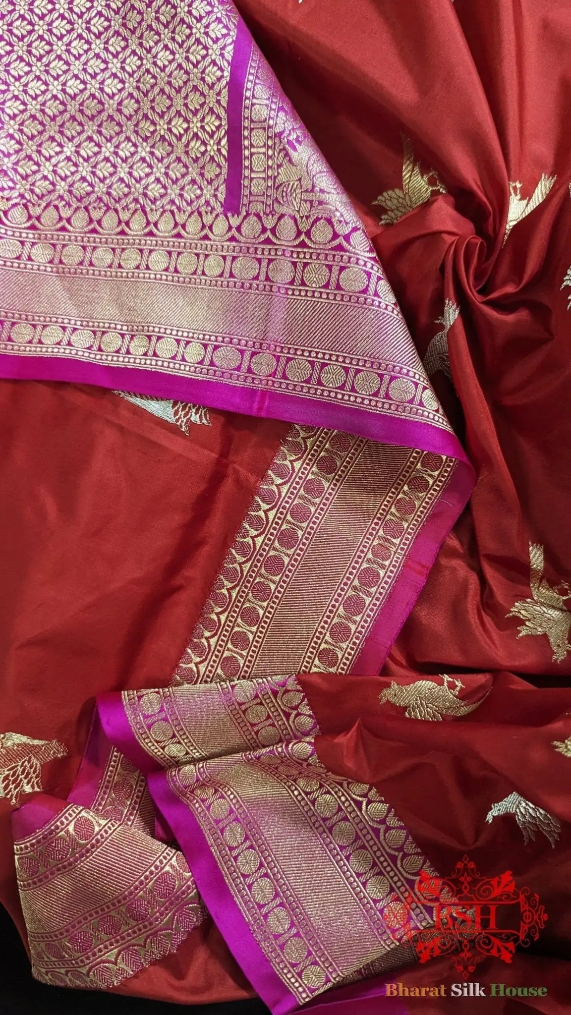 Pure Banrasi Handloom Katan Silk Antique Zari Saree In Shades Of Red - Bharat Silk House Pure Kataan Silk