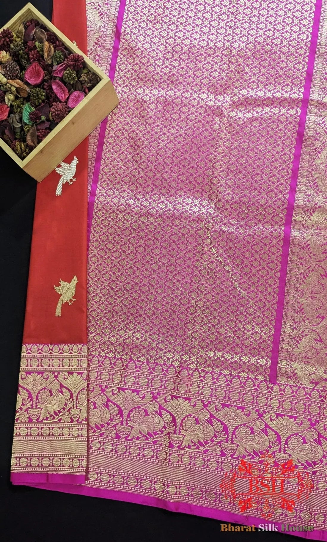 Pure Banrasi Handloom Katan Silk Antique Zari Saree In Shades Of Red - Bharat Silk House Pure Kataan Silk