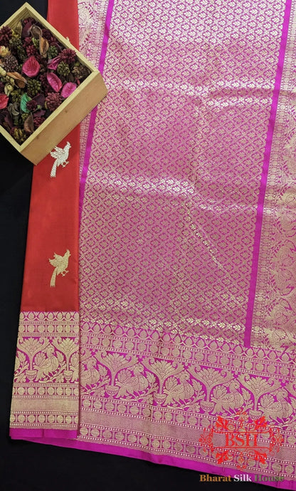 Pure Banrasi Handloom Katan Silk Antique Zari Saree In Shades Of Red - Bharat Silk House Pure Kataan Silk