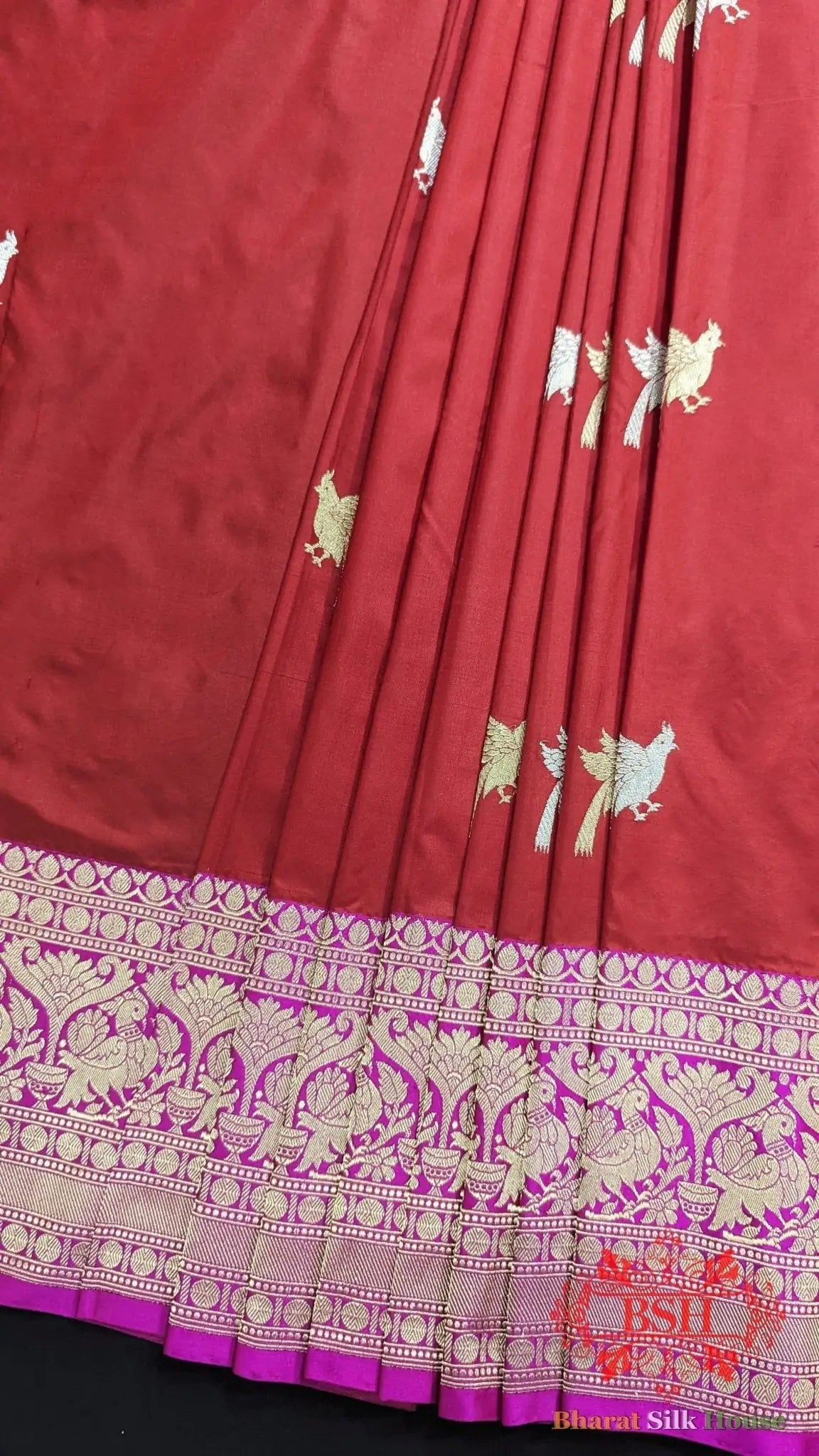 Pure Banrasi Handloom Katan Silk Antique Zari Saree In Shades Of Red - Bharat Silk House Pure Kataan Silk