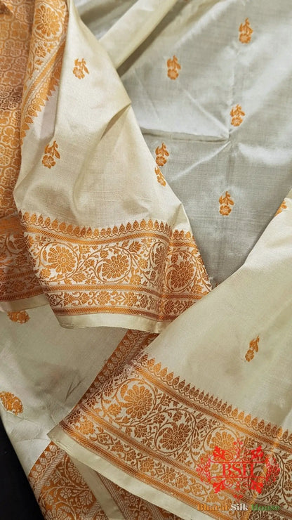 Pure Banrasi Handloom Katan Silk Meenakari Antique Zari Saree In Shades Of Beige With Golden Border - Bharat Silk House Pure Kataan Silk
