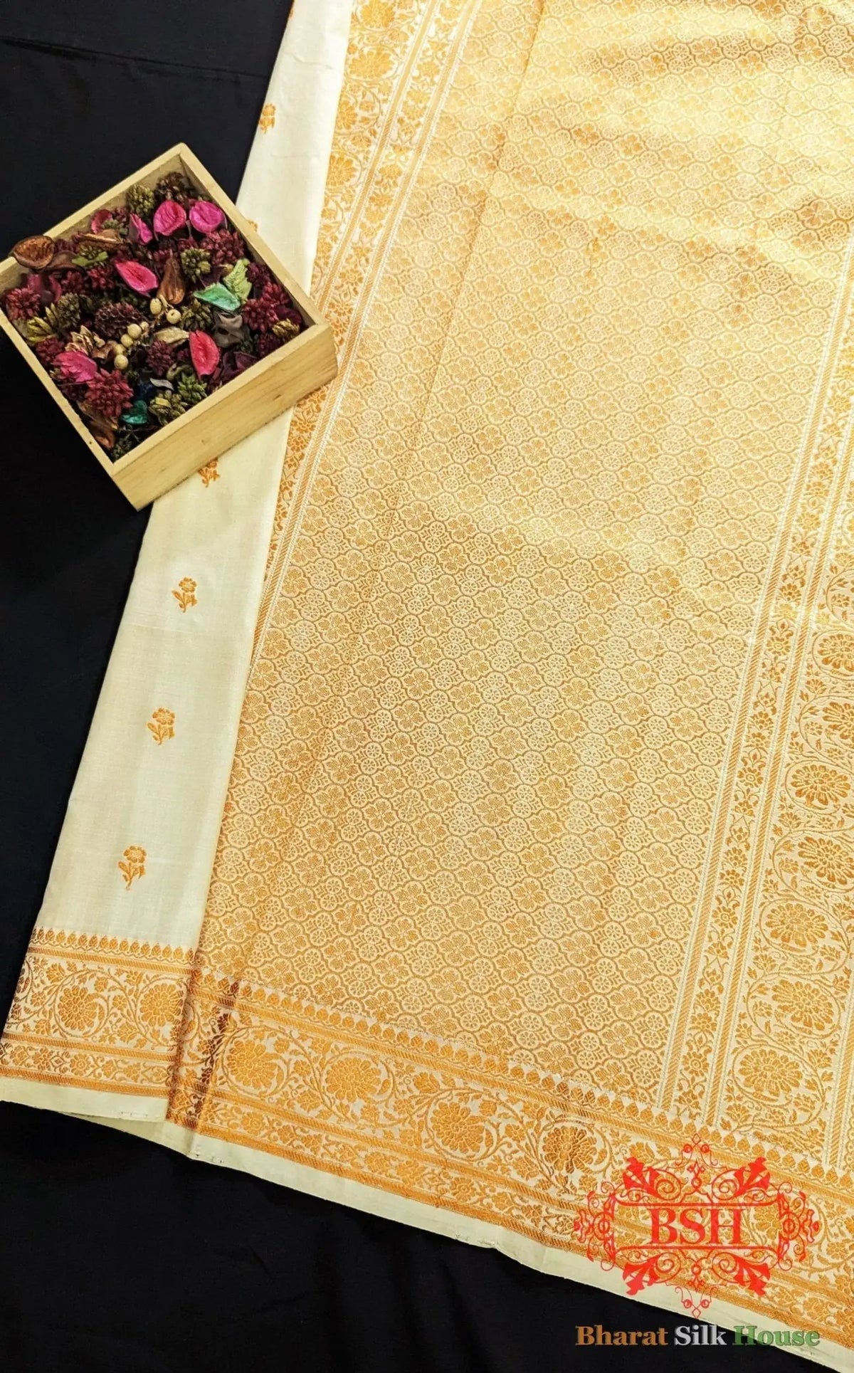 Pure Banrasi Handloom Katan Silk Meenakari Antique Zari Saree In Shades Of Beige With Golden Border - Bharat Silk House Pure Kataan Silk